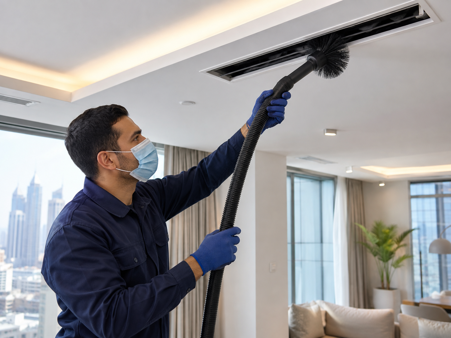 Technician cleaning AC vent and diffuser as part of duct cleaning service in Dubai